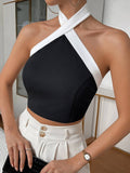 Black and White Color Blocked Neck Top