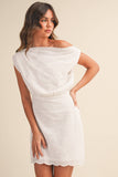 ID8182-A ASYMMETRIC OFF SHOULDER EYELET MINI DRESS