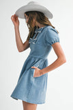 ND0002 Bow lace puff Mini Denim Dress