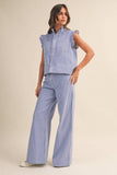 IST6347 STRIPED DENIM RUFFLE OVERSIZE VEST AND WIDE PANTS