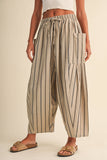 IP1539 STRIPED SIDE POCKET LOOSE RELAXED FIT CROPPED PANTS