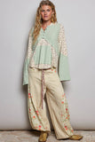Mixed-Fabric Feminine Look Floral Lace Trim Long Sleeve