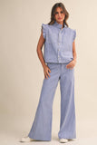 IST6347 STRIPED DENIM RUFFLE OVERSIZE VEST AND WIDE PANTS