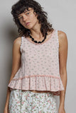Round Neck Ruffle Hem Trim Detail Floral Sleeveless Top