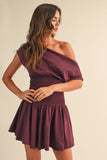 ID9559  OFF SHOULDER SMOCKED WAIST MINI DRESS