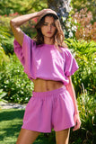 Scuba Bubble Hem And Sleeve Solid Crop Top