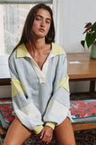 T2004E French Terry Color-block Collared Loose Fit Top