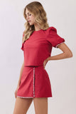 CT10057-Whipstitch Trim Puff Sleeve Crop Top