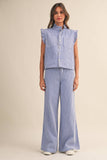 IST6347 STRIPED DENIM RUFFLE OVERSIZE VEST AND WIDE PANTS
