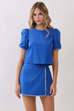 CT10057-Whipstitch Trim Puff Sleeve Crop Top