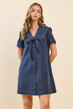 CD05553-Leopard Wash Oversized Sailor Collar Tied Dress