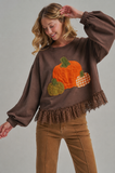 PUMPKIN APPLIQUE FALL THANKSGIVING TOP WITH EYELASH LACE HEM