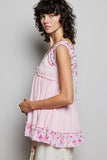 V-neck Thermal Lace Contrast Ruffle Floral Print Sleeveless
