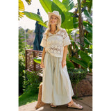 FLORAL EYELET SIDE ELASTIC STRIPES WIDE LEG PANTS