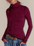 Stripe Turtleneck basic top fitted tee long sleeve top