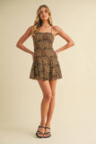 ID9191 LEOPARD MESH SLEEVELESS GODET FLARE MINI DRESS