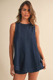 IST6095 DENIM LONGLINE SLEEVELESS TOP AND SHORTS SET