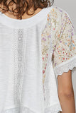 Round Neck Contrast Floral Eyelet Trim Rib Short Sleeve Top