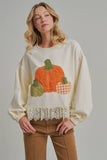 PUMPKIN APPLIQUE FALL THANKSGIVING TOP WITH EYELASH LACE HEM
