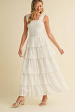 ID8988-B FLORAL EYELET RUFFLE STRAP SMOCKED TIERED MAXI