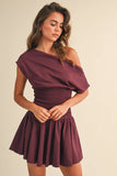 ID9559  OFF SHOULDER SMOCKED WAIST MINI DRESS