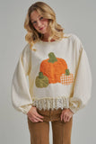 PUMPKIN APPLIQUE FALL THANKSGIVING TOP WITH EYELASH LACE HEM