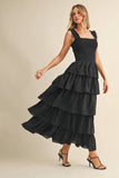 ID8988-B FLORAL EYELET RUFFLE STRAP SMOCKED TIERED MAXI