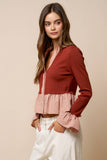Gingham Trim Ruffle Knit Cardigan