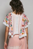Round Neck Contrast Floral Eyelet Trim Rib Short Sleeve Top