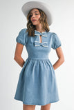 ND0002 Bow lace puff Mini Denim Dress