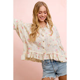FLORAL CRINKLE QUARTER SLEEVE RUFFLE HEM SHIRT TOP