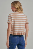 STRIPE KNITTED SWEATER BUTTON DOWN CARDIGAN TOP WITH RUFFLE