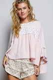 Floral Panel Textured Knit Ruffle Sleeve Oversized Top