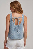 WASHED POLKA DOT DENIM SLEEVELESS TOP WITH  SCALLOPED EDGE