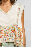 V-neck Floral Pattern Trim Ruffle Rib Knitted Sleeveless Top