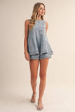 IST6095 DENIM LONGLINE SLEEVELESS TOP AND SHORTS SET