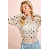 HIGH NECK LINE POLKA DOTS MESH TOP WITH THUMB OPENING