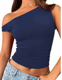 Ladies Solid Color Ruched One Shoulder Short Sleeves Top