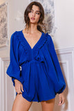 R5268D  Smocked V-neck Ruffled Solid Woven Romper