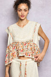 V-neck Floral Pattern Trim Ruffle Rib Knitted Sleeveless Top