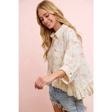 FLORAL CRINKLE QUARTER SLEEVE RUFFLE HEM SHIRT TOP