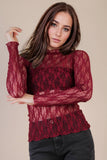 NT12220-High Neck Fitted Sheer Mesh Lace Knit Top