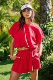 Scuba Bubble Hem And Sleeve Solid Crop Top