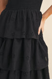 ID8988-B FLORAL EYELET RUFFLE STRAP SMOCKED TIERED MAXI