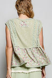 V-neck Floral Pattern Trim Ruffle Rib Knitted Sleeveless Top