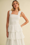 ID8988-B FLORAL EYELET RUFFLE STRAP SMOCKED TIERED MAXI
