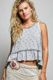 Round Neck Ruffle Hem Trim Detail Floral Sleeveless Top
