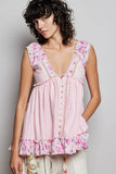 V-neck Thermal Lace Contrast Ruffle Floral Print Sleeveless