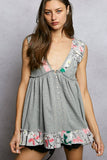 V-neck Thermal Lace Contrast Ruffle Floral Print Sleeveless
