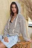 IT2283 V-neck Rounded Hem Striped Hoodie Top